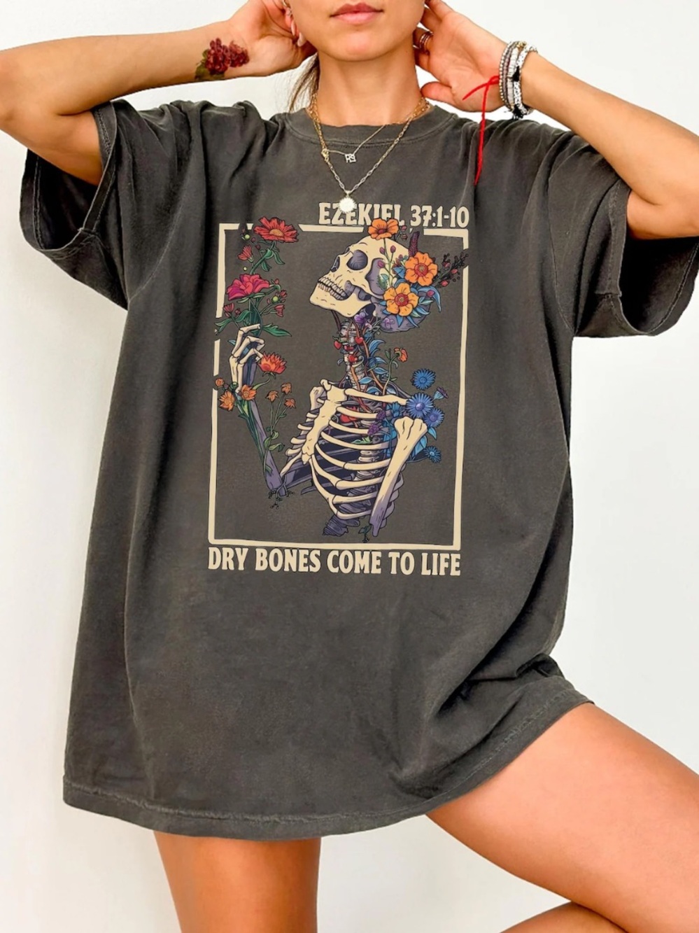 Comfort Colors Pepper 'Dry Bones Come to Life' Floral Skeleton Tee